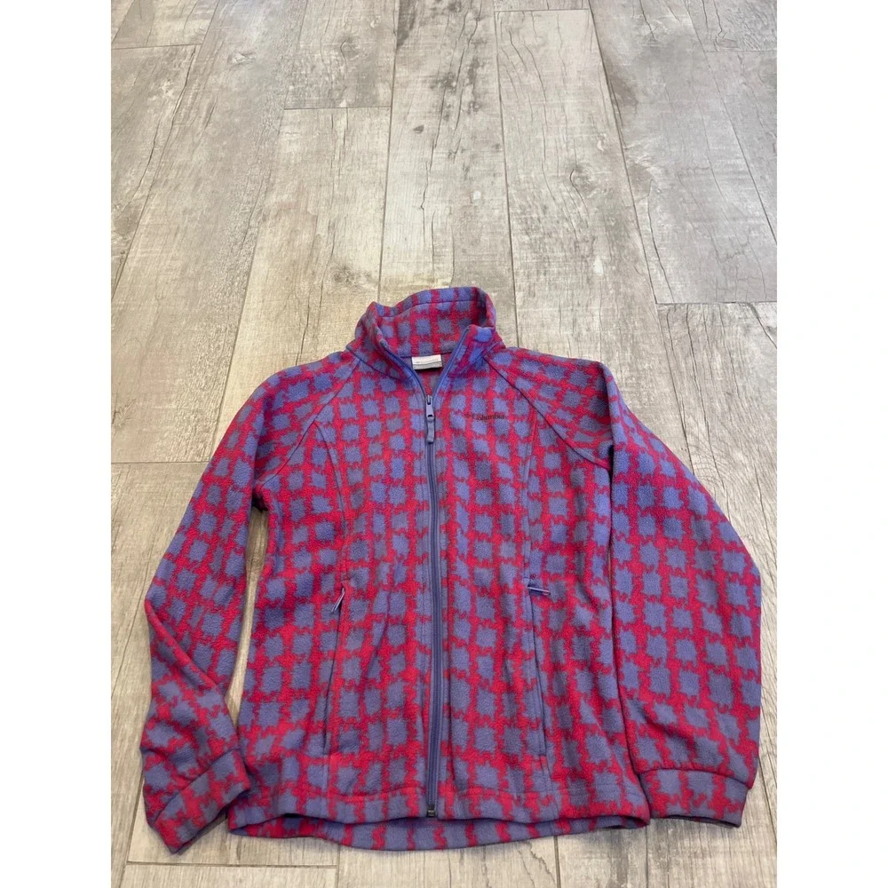 Columbia Girls Fleece Jacket Full Zip Purple Pink Houndstooth Size 14/16 XL